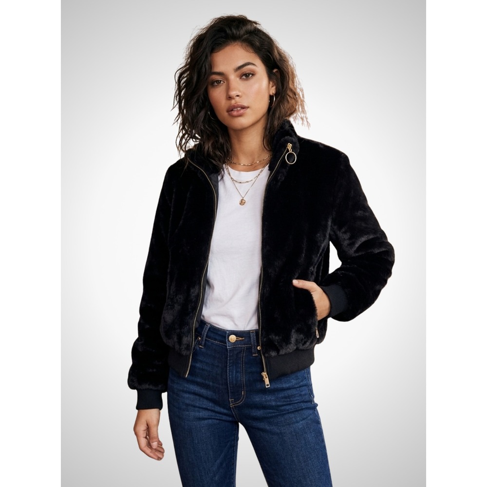 Ambiance Outerwear Black Faux Fur Zip-Up Bomber Jacket Size Small